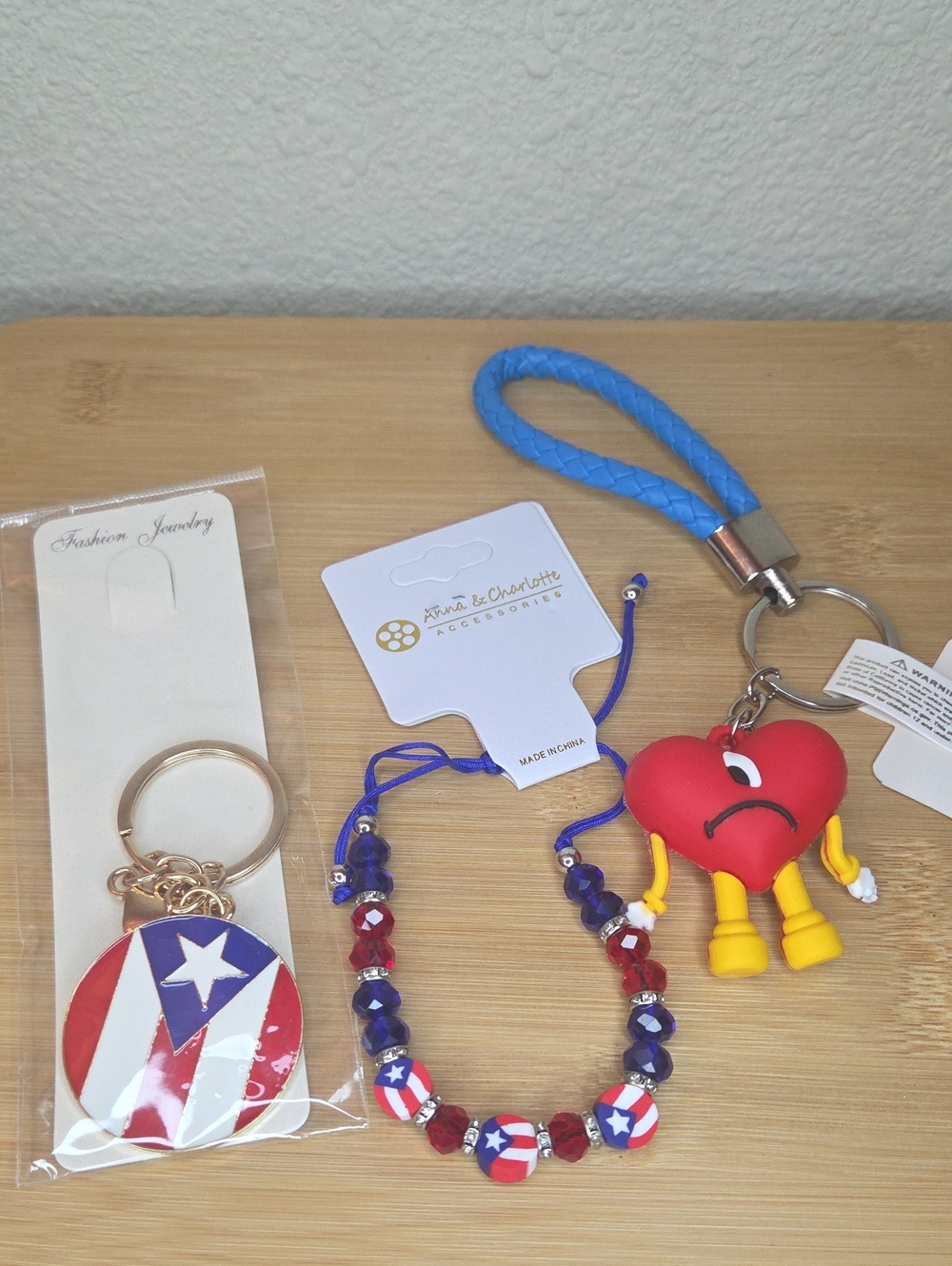 Puerto Rican Flag, bracelet and BB Red Heart Bag Charm Bundle #002